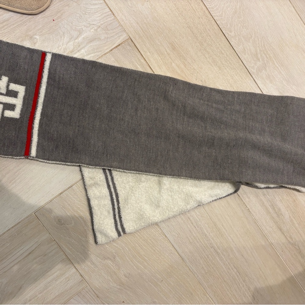 Gray and White Knit Scarf with Red Stripe toomy Hilfiger logo scarf unisex